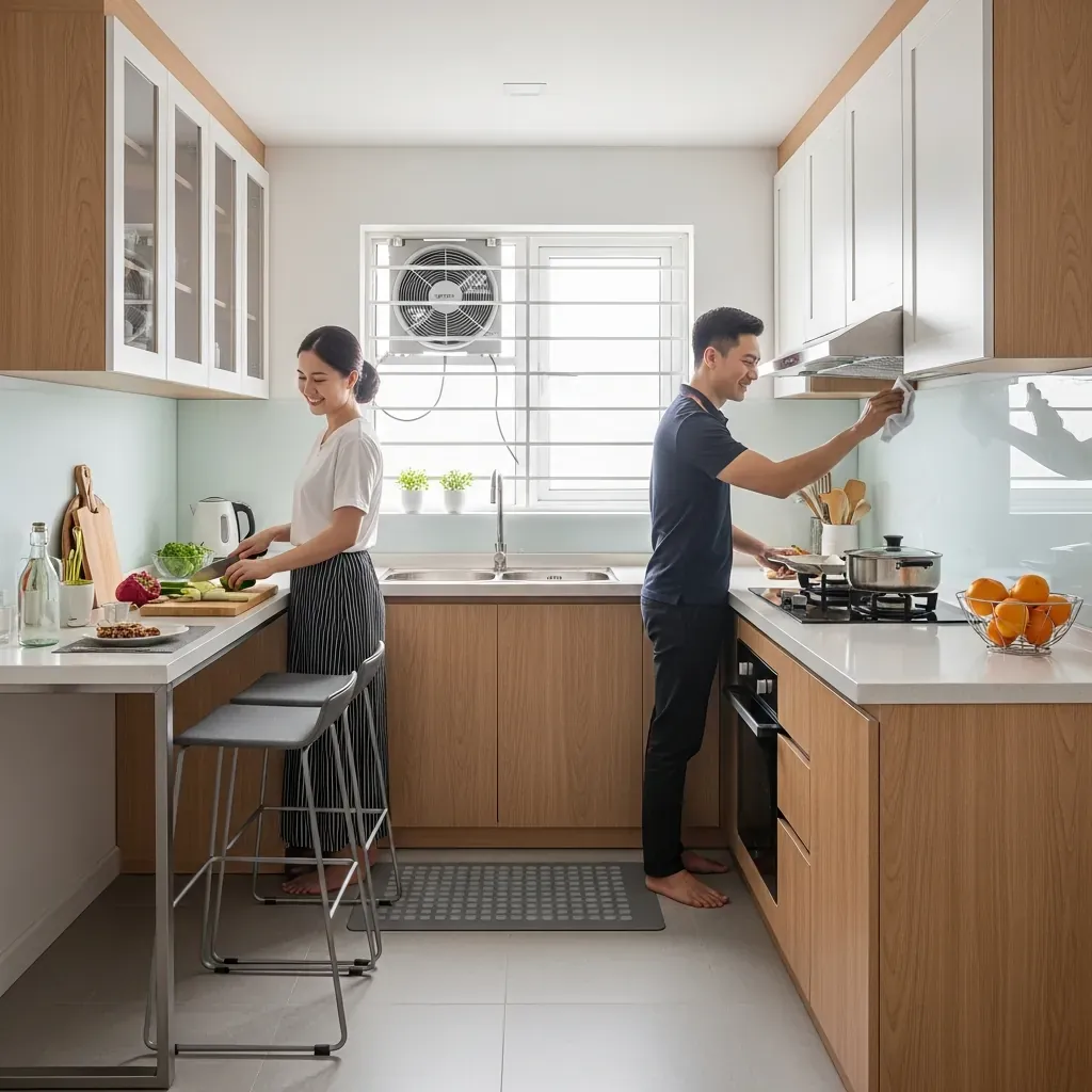 Gia đình Việt nấu ăn trong bếp nhỏ nhưng đủ mặt bàn sơ chế, ốp tường kính và sàn nhám chống trượt.
