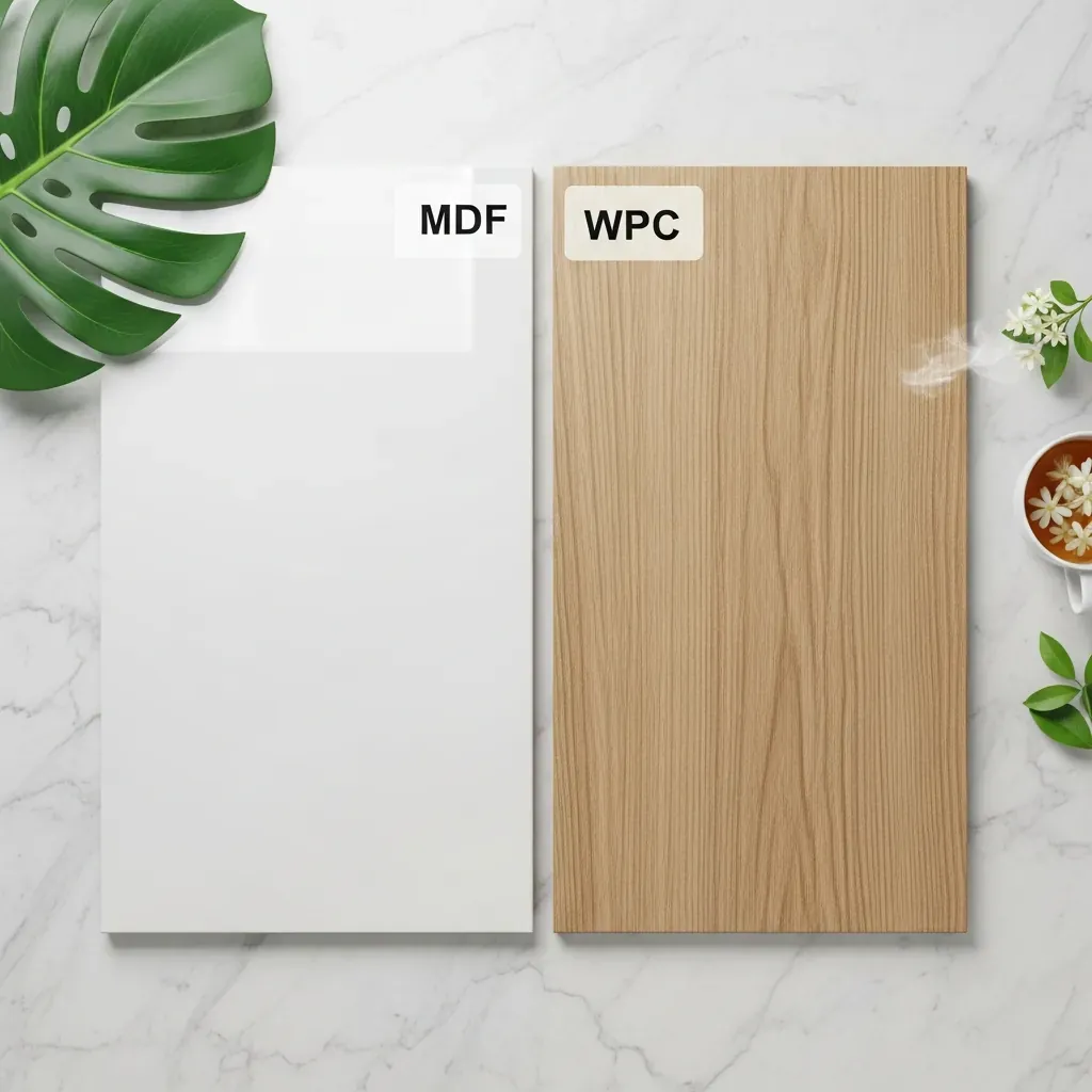 Hai mẫu vật liệu tủ bếp MDF phủ Acrylic bóng gương và gỗ nhựa composite đặt cạnh nhau trên nền đá.