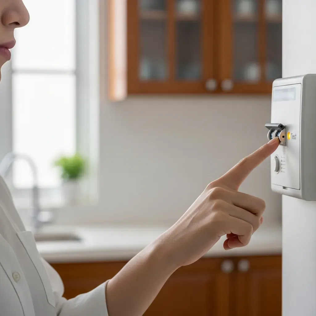 Ngón tay ấn nút 'Test' trên aptomat chống giật màu trắng trong bếp sáng sủa.
