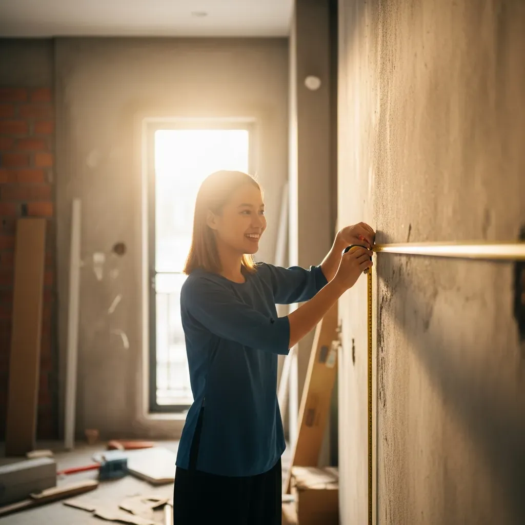 Người phụ nữ Việt Nam dùng thước dây đo chiều dài tường bếp trong căn hộ có nắng sáng.