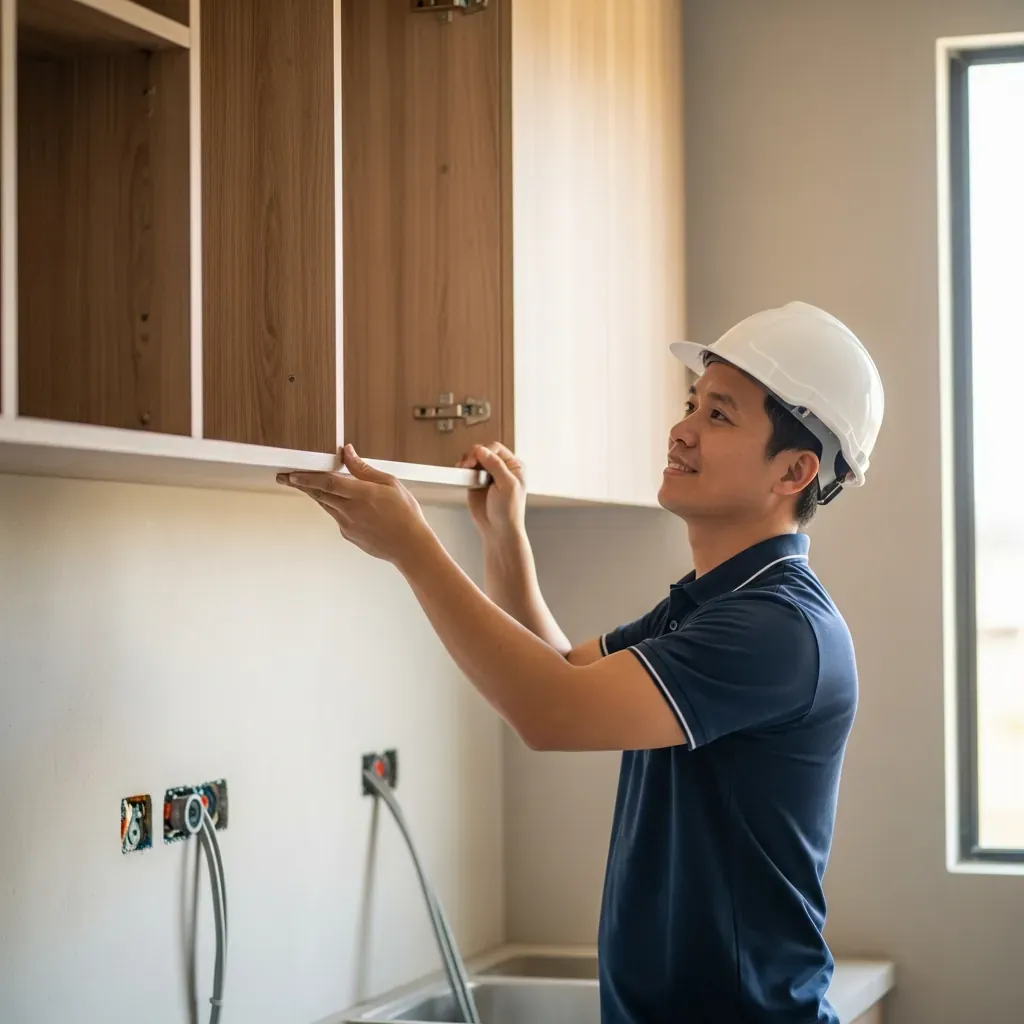 Thợ mộc người Việt đang lắp tủ bếp trên vào tường trong một công trình sáng sủa.