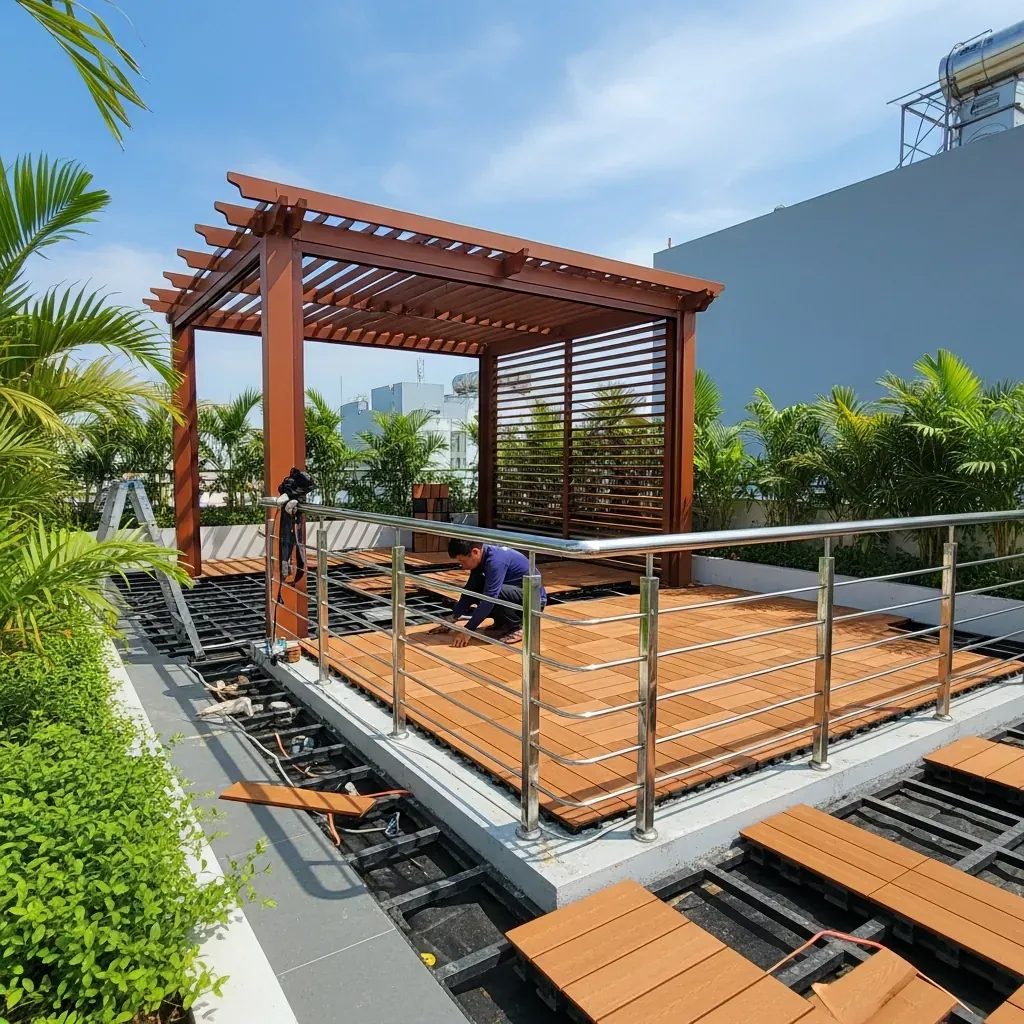 Công nhân đang lắp đặt sàn gỗ nhựa composite màu gỗ trên sân thượng, có lan can inox và khung pergola.