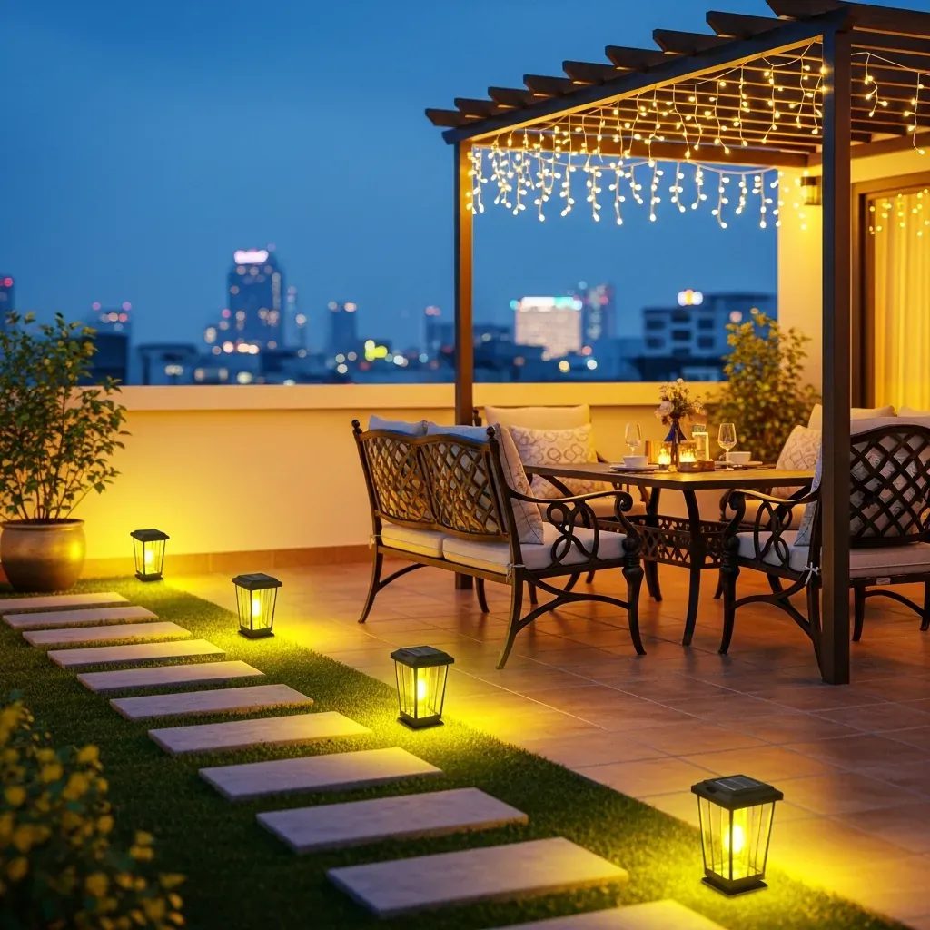 Khung cảnh chạng vạng trên sân thượng đẹp, đèn lồng năng lượng mặt trời dọc lối đi, bộ bàn ghế nhôm đúc.