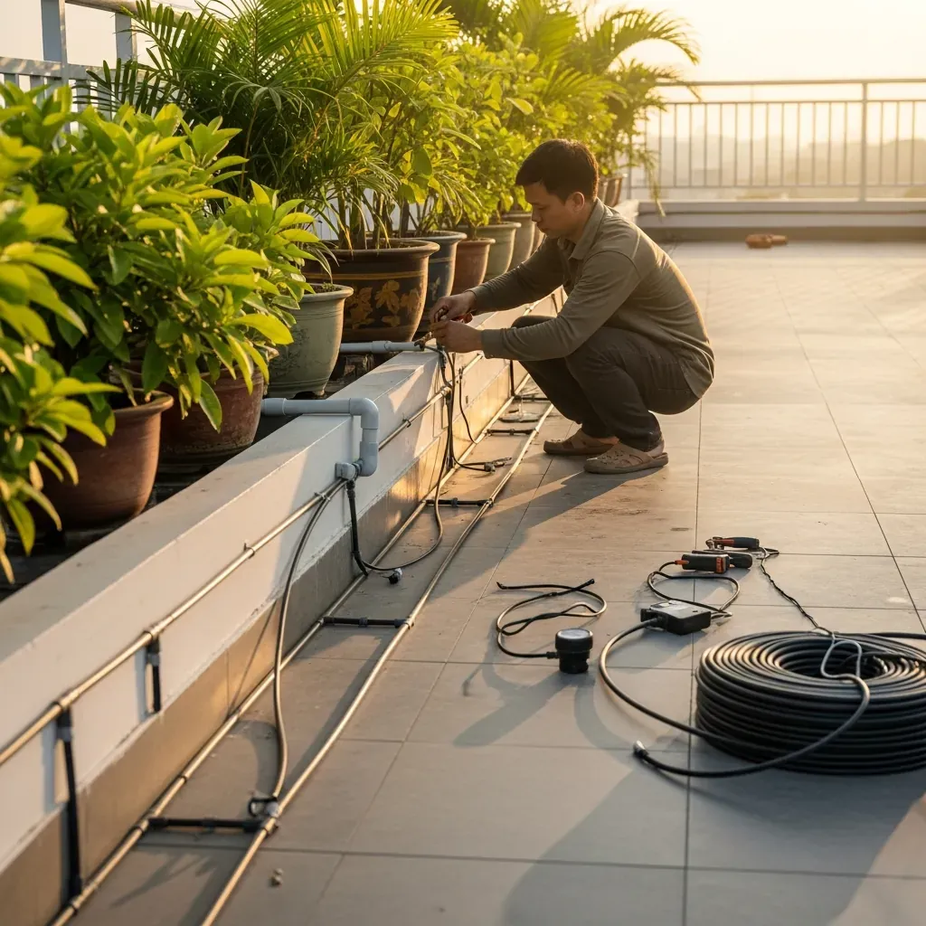 Kỹ thuật viên lắp đặt ống dẫn nước và dây điện dọc theo mép tường sân thượng, chậu cây xanh xung quanh.
