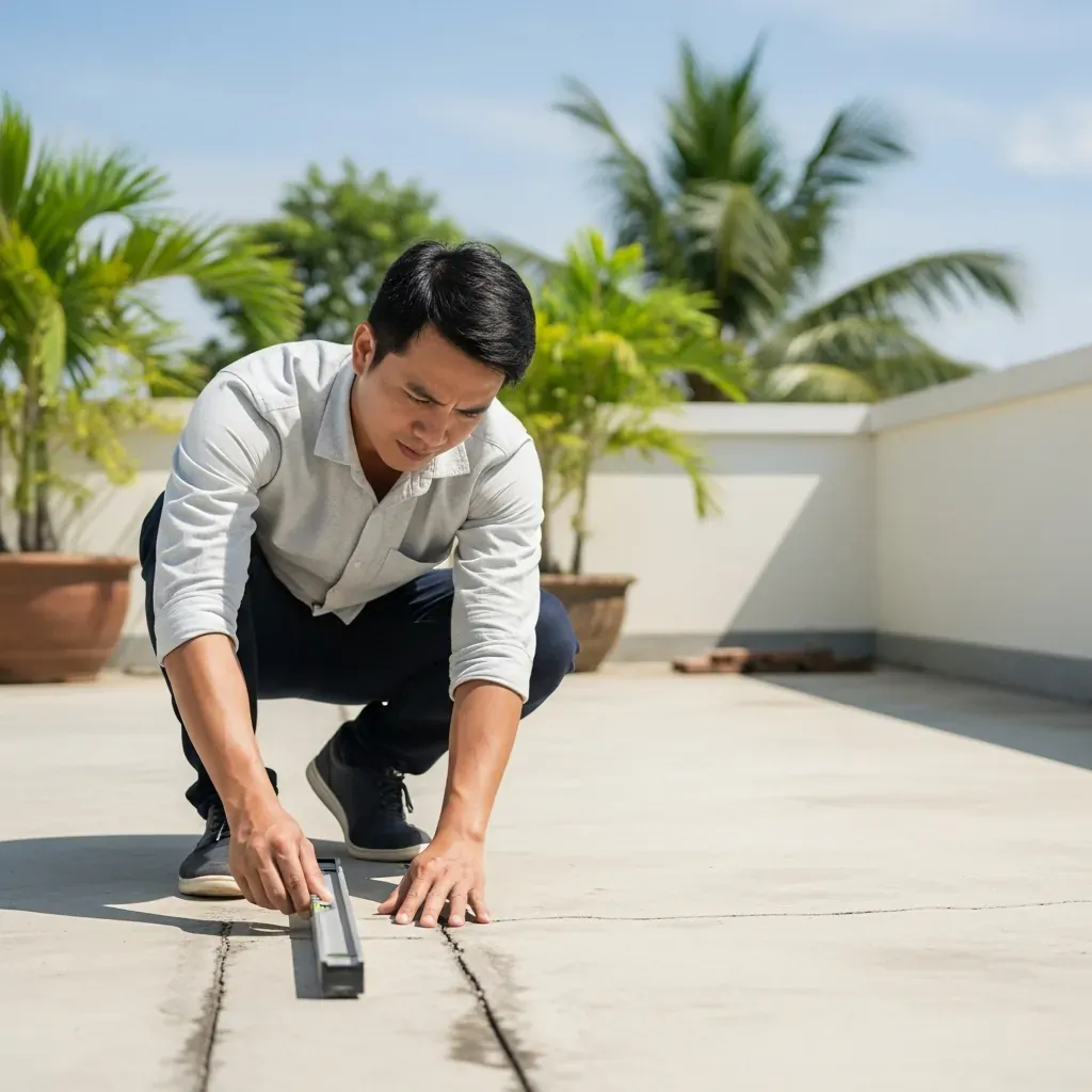 Một người đàn ông Việt đang kiểm tra bề mặt bê tông sân thượng dưới ánh nắng, đo độ dốc bằng thước nivô.