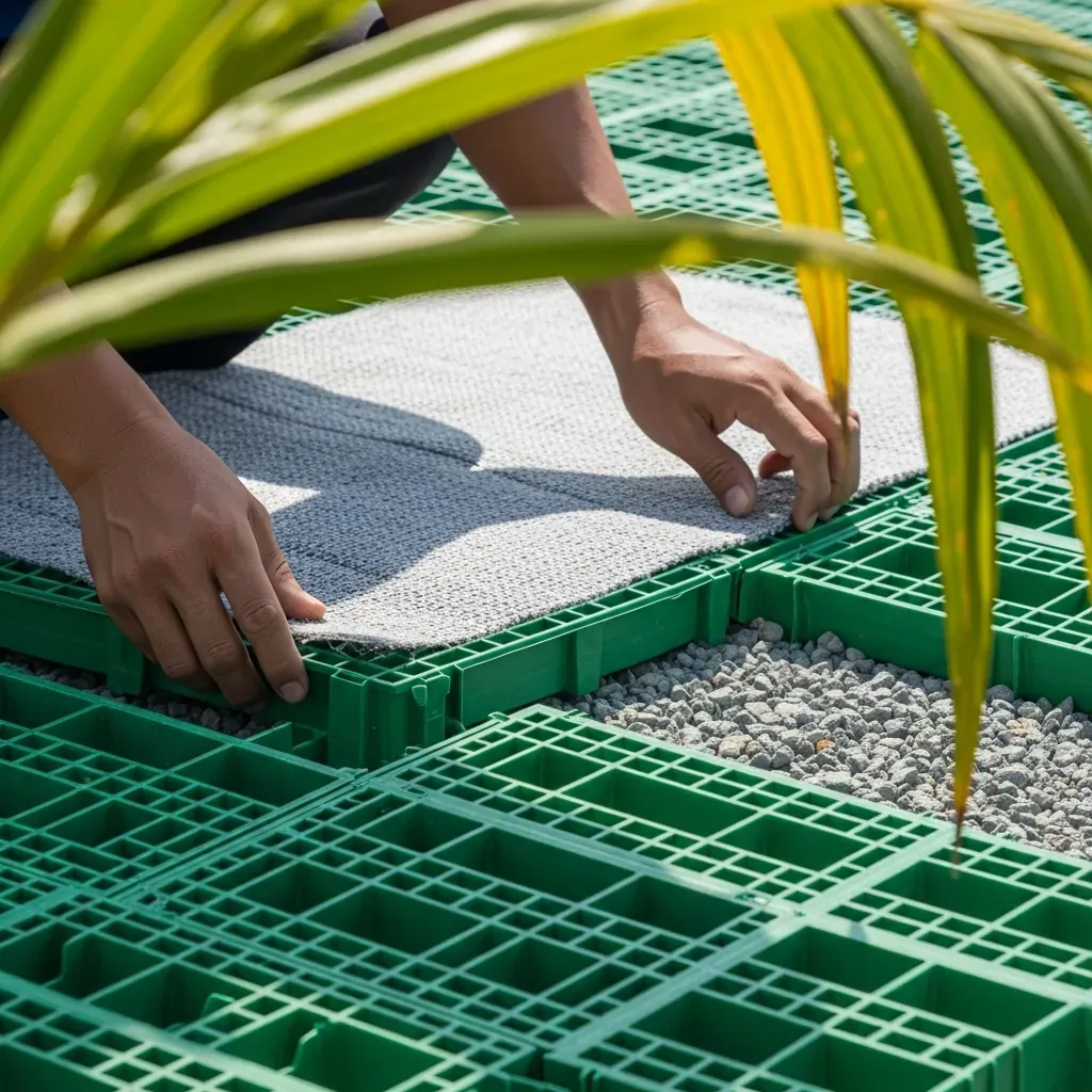 Người đang trải tấm thoát nước nhựa xanh lá trên sân thượng, phủ vải địa kỹ thuật lên trên.