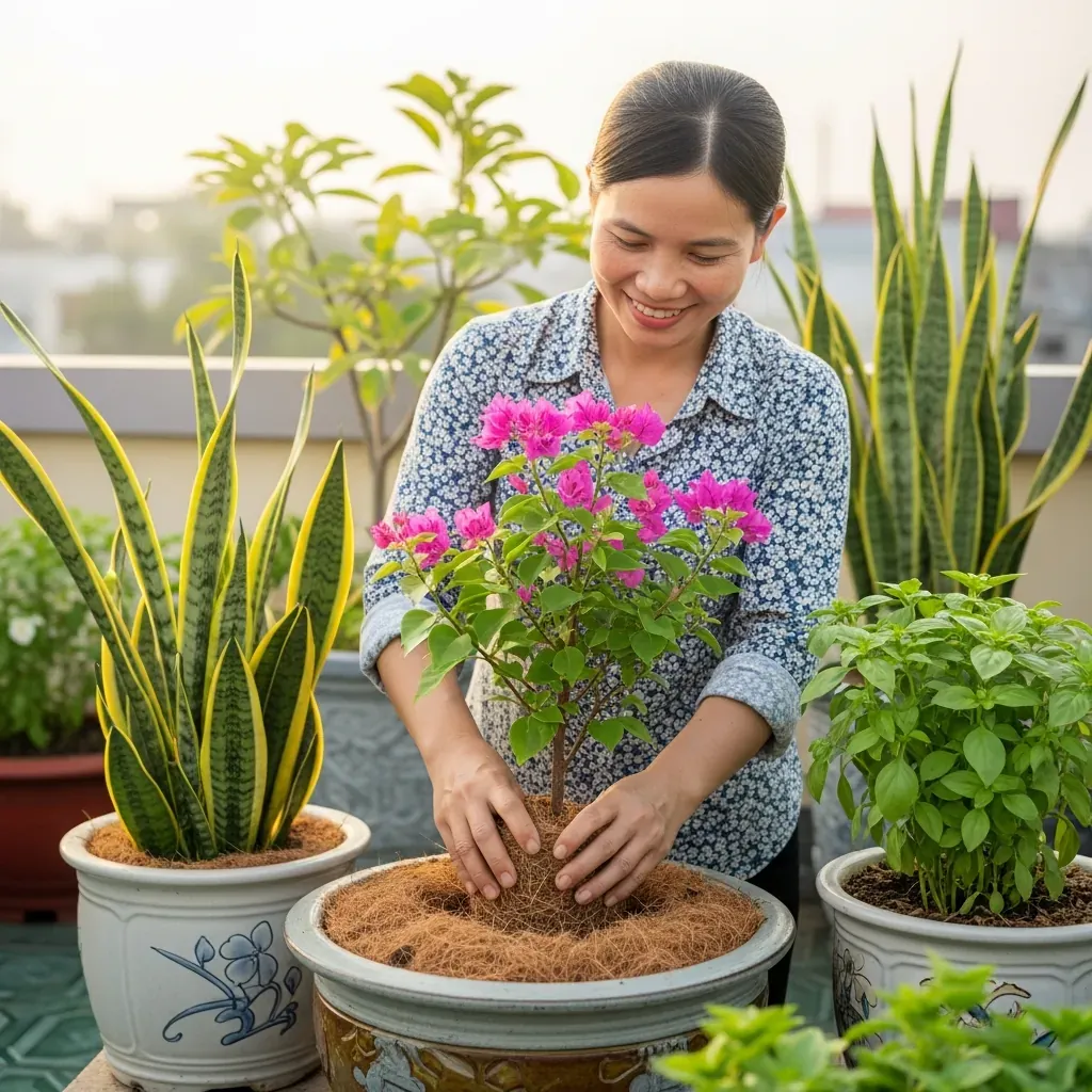 Người phụ nữ Việt đang trồng cây hoa giấy vào chậu lớn, xung quanh có các chậu lưỡi hổ, húng quế.