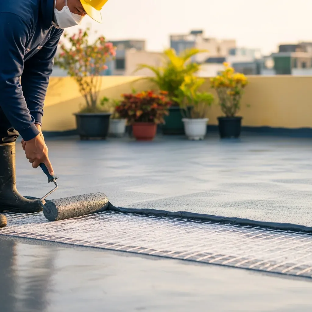 Thợ Việt quét lớp chống thấm gốc xi măng lên mặt sàn sân thượng, phía trên có lưới thủy tinh gia cố.