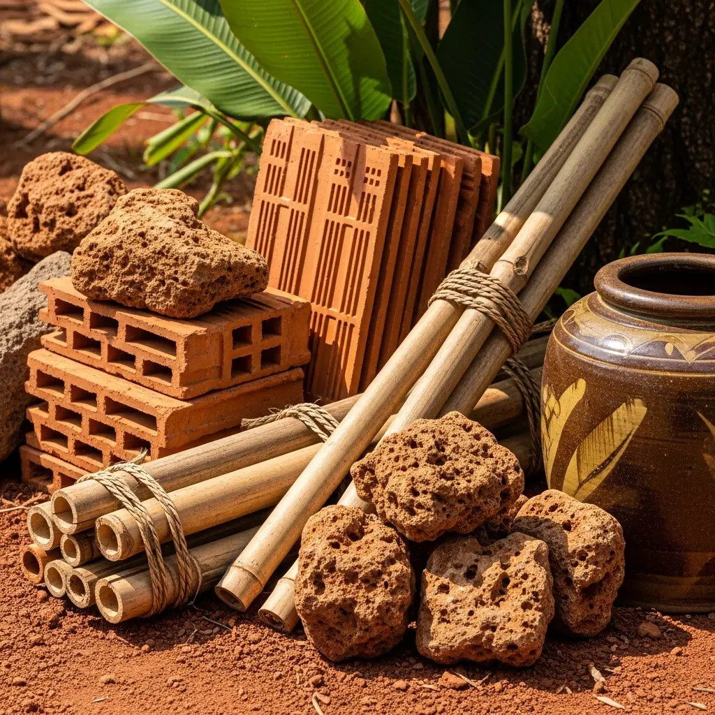 Ảnh cận cảnh các vật liệu tự nhiên gồm gạch tàu, đá ong, tre và chum sành trên nền đất đỏ vùng quê.