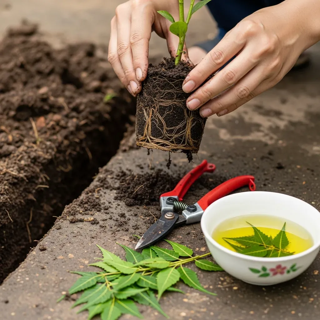 Đôi tay người làm vườn nhấc cây bị thối rễ khỏi đất, tỉa bỏ phần rễ hư và chuẩn bị dung dịch dầu neem.