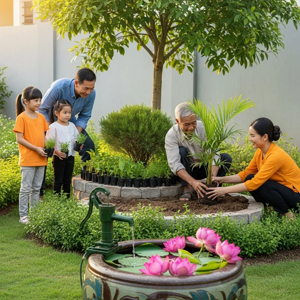 Gia đình ba thế hệ trồng cây theo tầng, bên cạnh chum nước hoa sen trong khu vườn nhiệt đới.