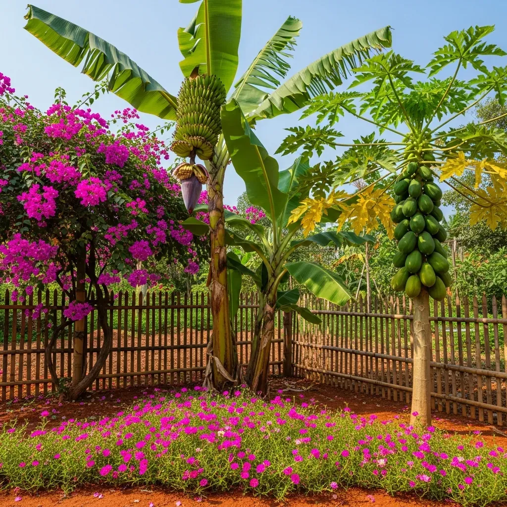 Góc vườn trồng cây khó chết: chuối, đu đủ, hoa giấy leo hàng rào, hoa mười giờ phủ đất.
