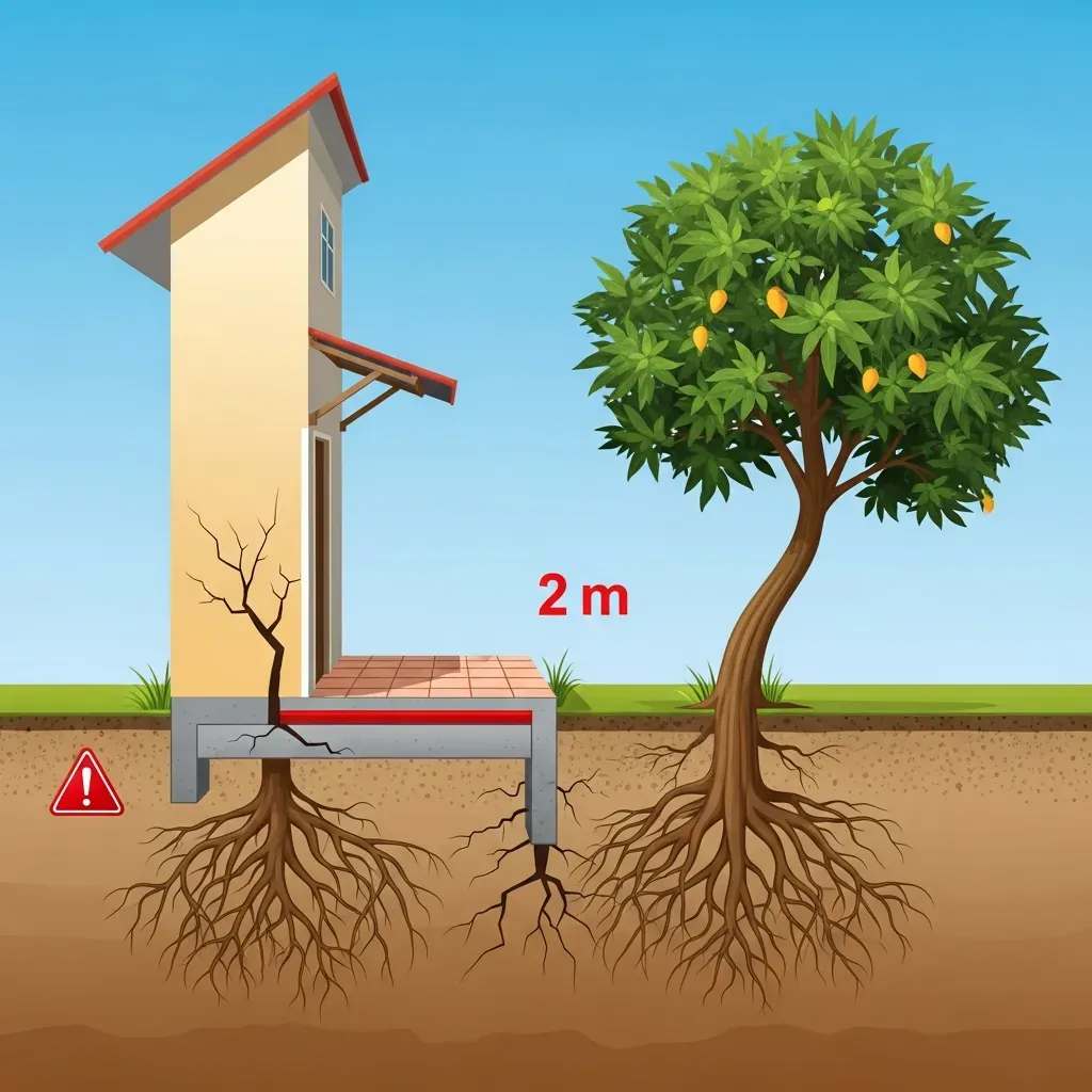 Minh họa mặt cắt ngôi nhà ống với cây xoài trồng quá sát, rễ đâm xuyên làm nứt móng và nền nhà.
