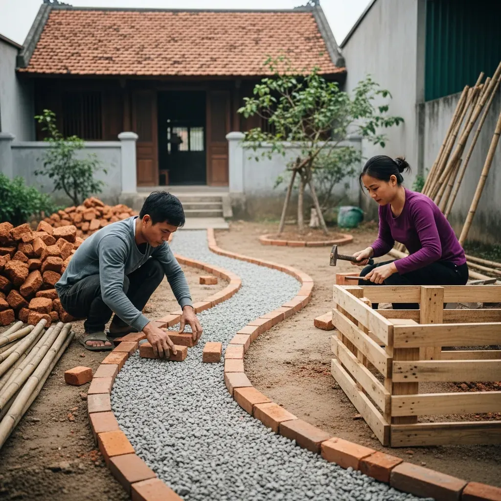 Một cặp đôi tự tay làm lối đi từ gạch cũ và đóng bồn cây từ pallet gỗ trong sân vườn nhà ống.