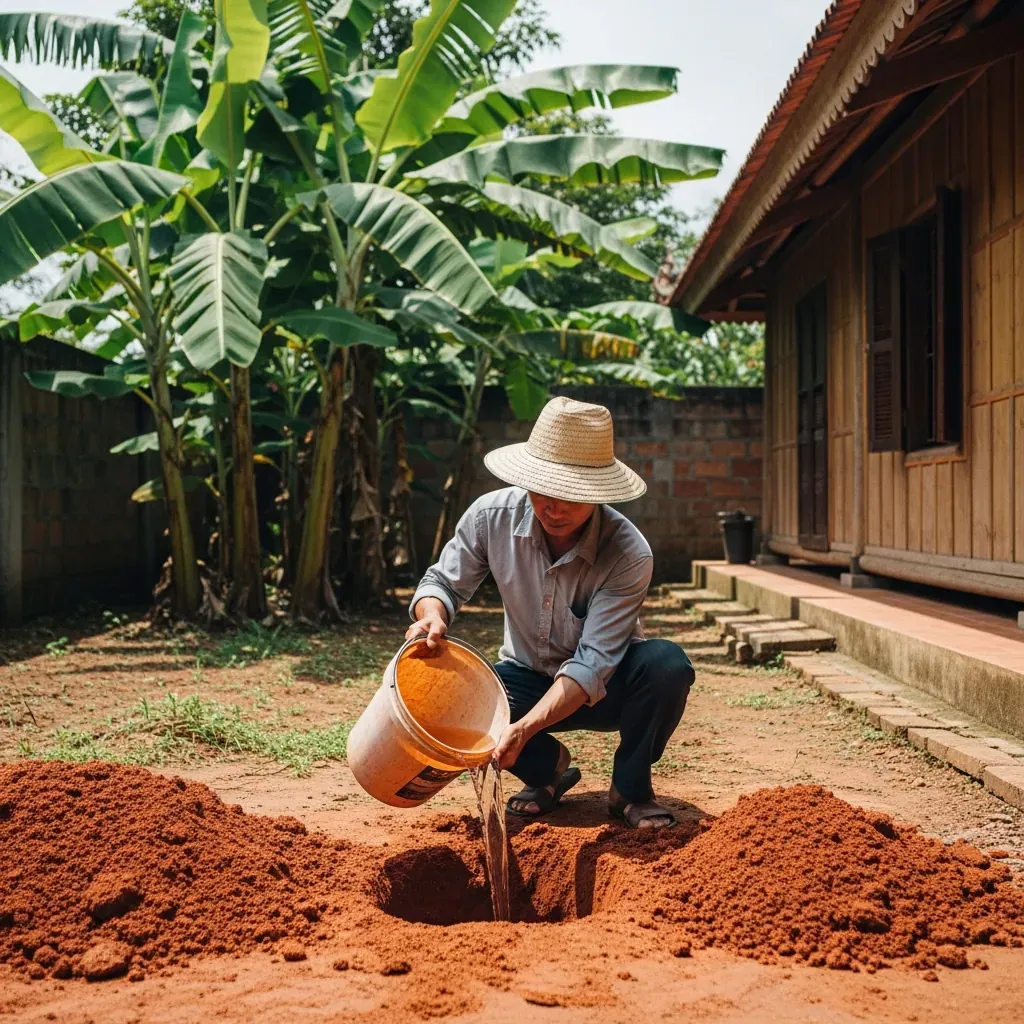 Một người đàn ông Việt Nam đào hố kiểm tra độ thấm nước của đất, đổ nước vào hố trong khu vườn nhỏ.
