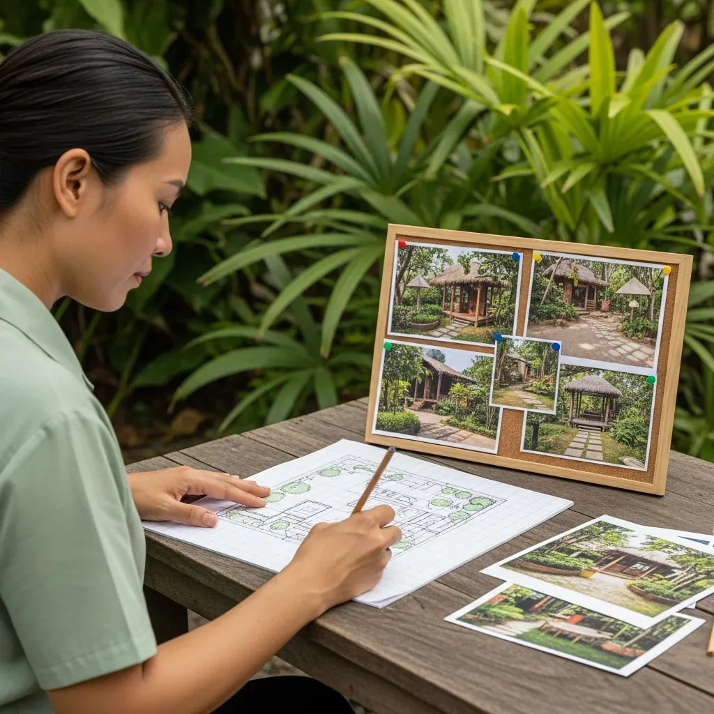 Người phụ nữ Việt đang phác thảo sơ đồ vườn tay trên giấy, bên cạnh là bảng cảm hứng ảnh vườn quê.