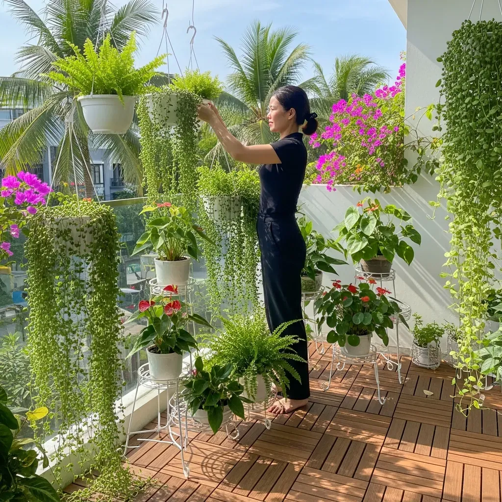 Ban công 5m² hướng Nam của Ly Ánh với sàn gỗ nhựa và giỏ treo dương xỉ xanh mướt