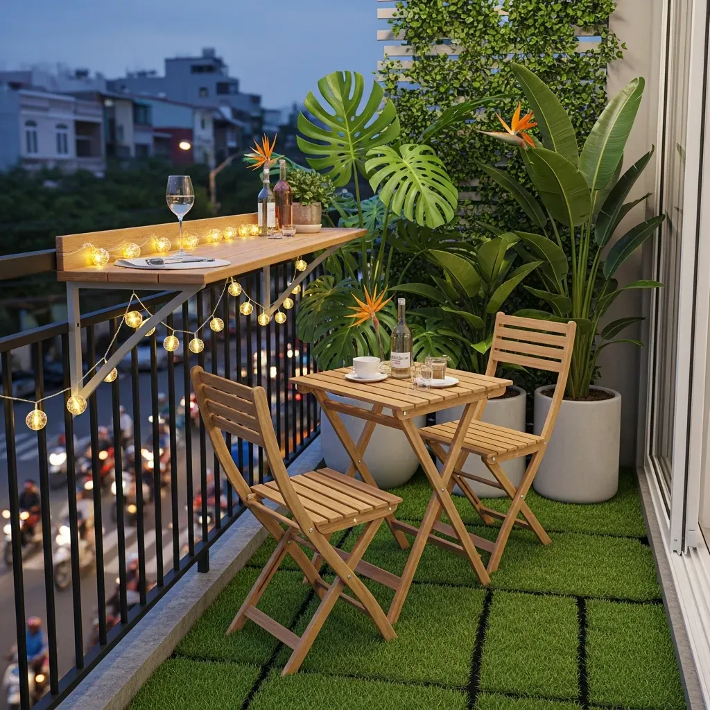 Ban công hiện đại với đèn LED năng lượng mặt trời, bàn ghế gấp gỗ keo và cây nhiệt đới