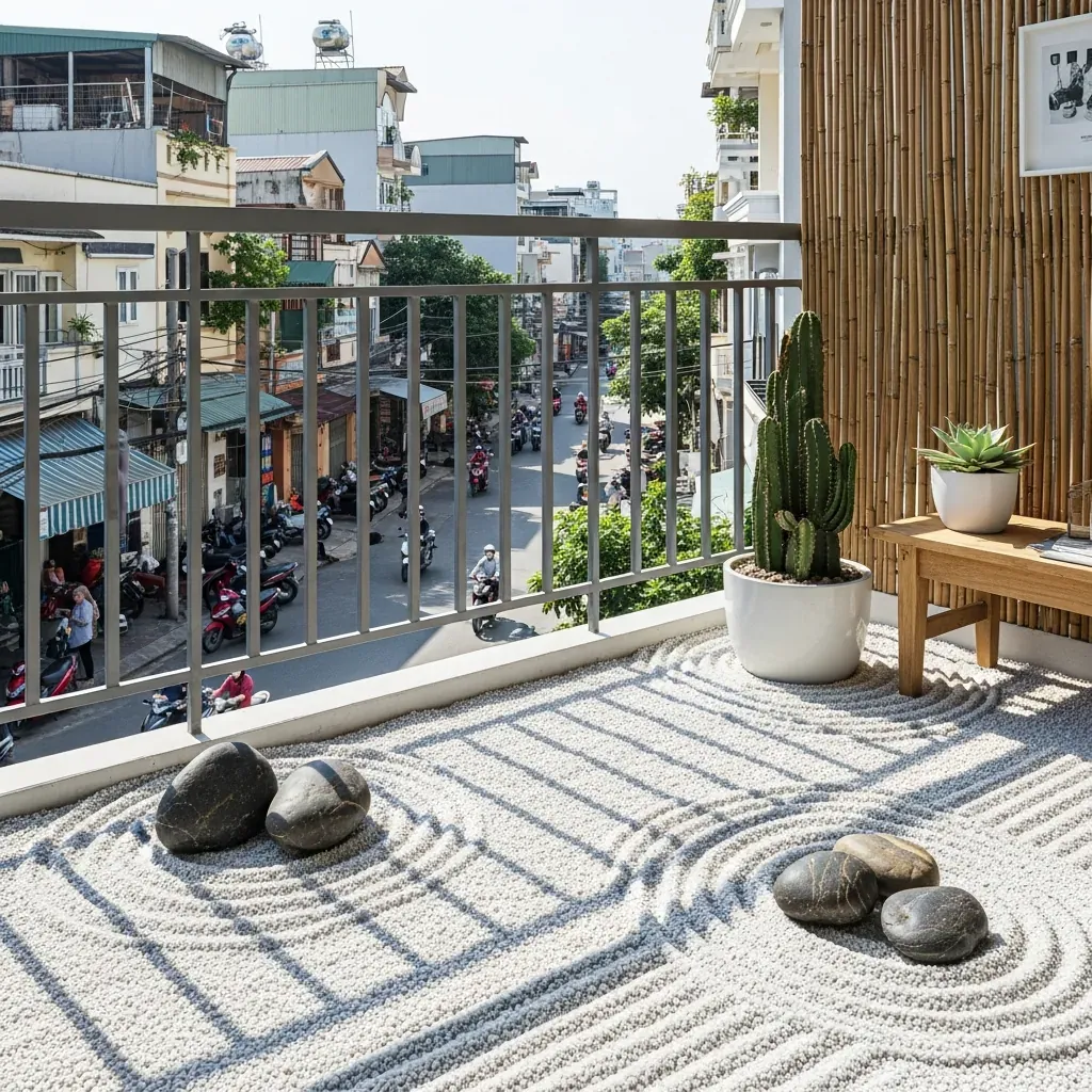 Ban công phong cách vườn khô Zen với sỏi trắng và cây mọng nước