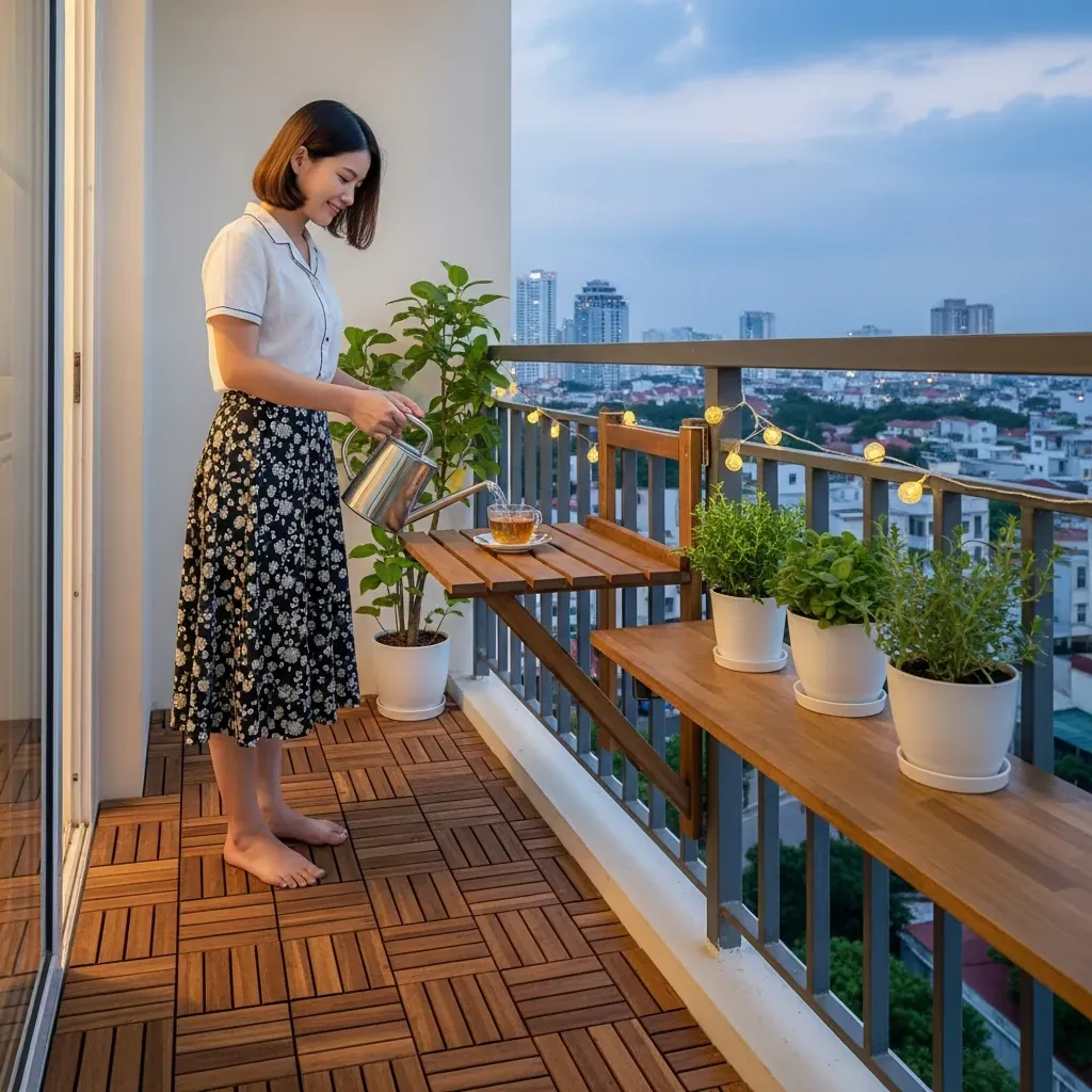 Bella Trương trên ban công 5m² với vỉ gỗ lót sàn 30x30cm và kệ cây nhỏ gọn