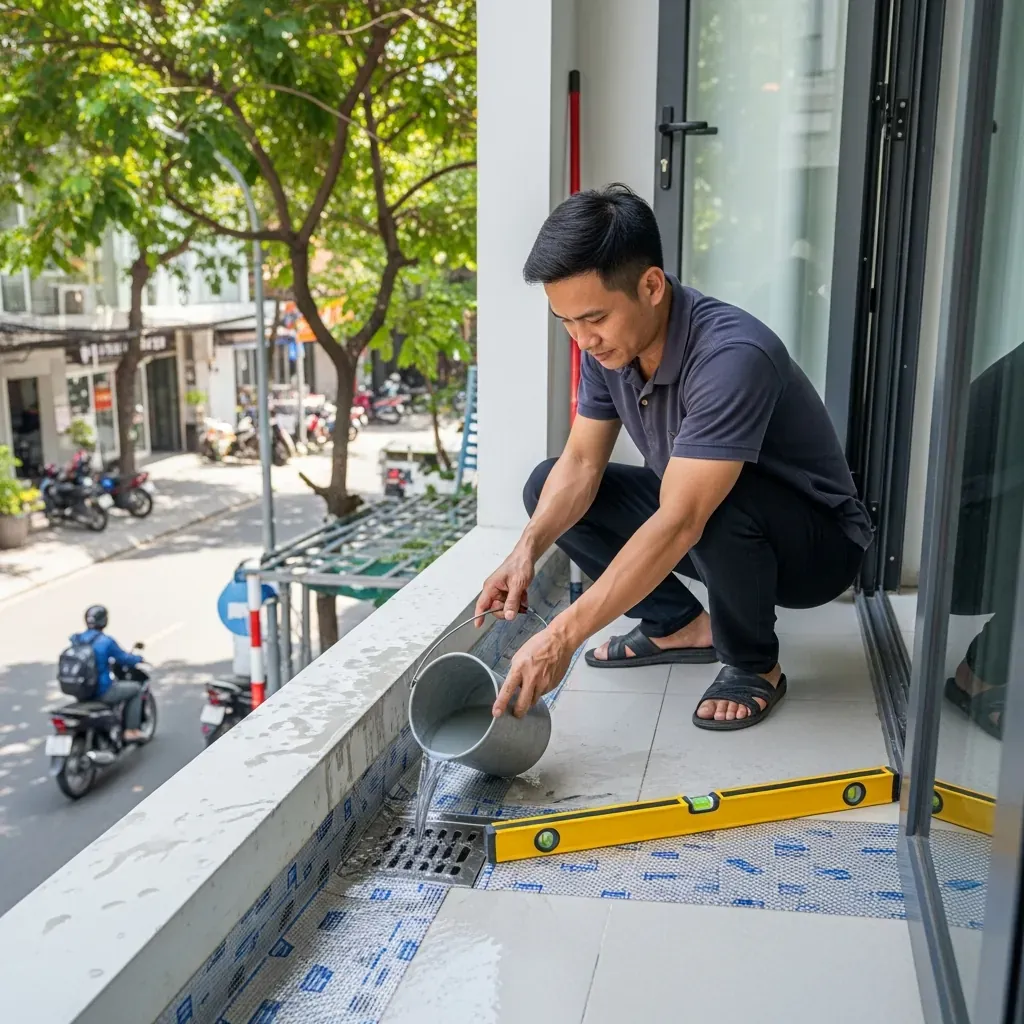 Người đàn ông Việt kiểm tra độ dốc và thoát nước trên ban công chung cư
