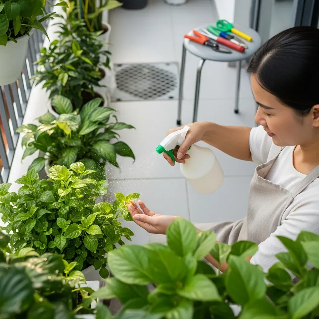 Phụ nữ Việt đang phun sương tưới cây trên ban công vào buổi sáng