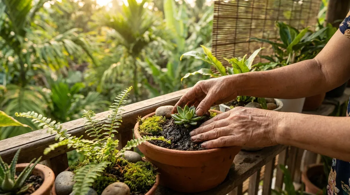 Bàn tay người phụ nữ đang nhẹ nhàng trồng cây mọng nước vào chậu