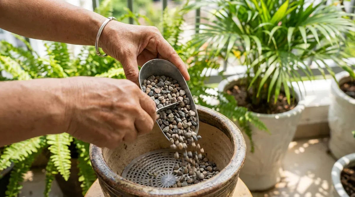 Bàn tay người Việt đang rải lớp sỏi thoát nước dưới đáy chậu