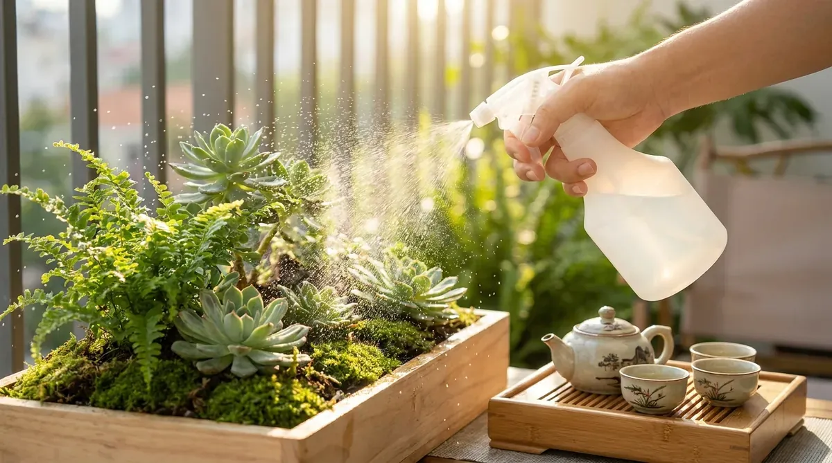 Bình phun sương tưới nhẹ nhàng cho tiểu cảnh mới trồng dưới nắng