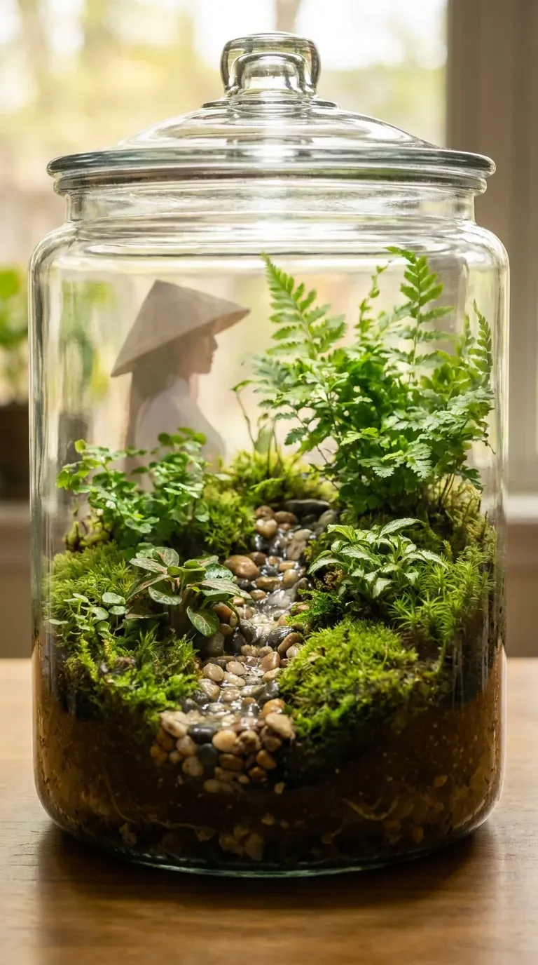 Bình thủy tinh terrarium kín với hệ thực vật tươi tốt và thác nước nhỏ