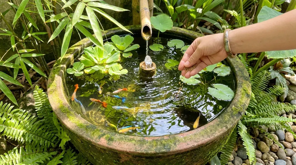 Cá bảy màu tung tăng trong chậu nước tiểu cảnh, kiểm soát muỗi tự nhiên
