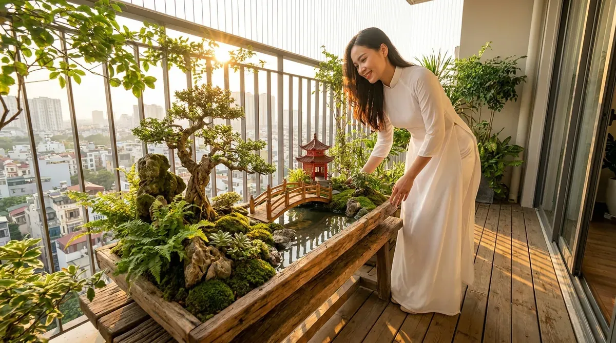 Người phụ nữ mặc áo dài trắng ngắm tiểu cảnh sân vườn mini hoàn thiện trên ban công