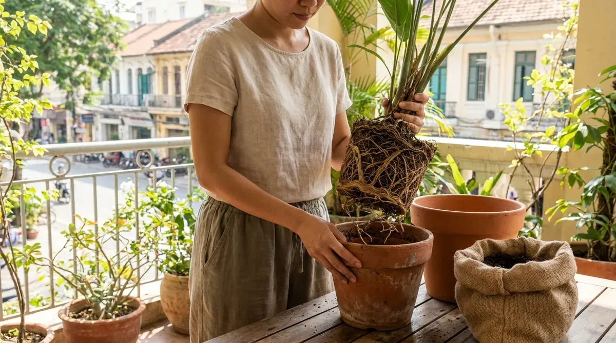 Người phụ nữ Việt đang thay chậu cho cây có bộ rễ bó chặt sau một năm