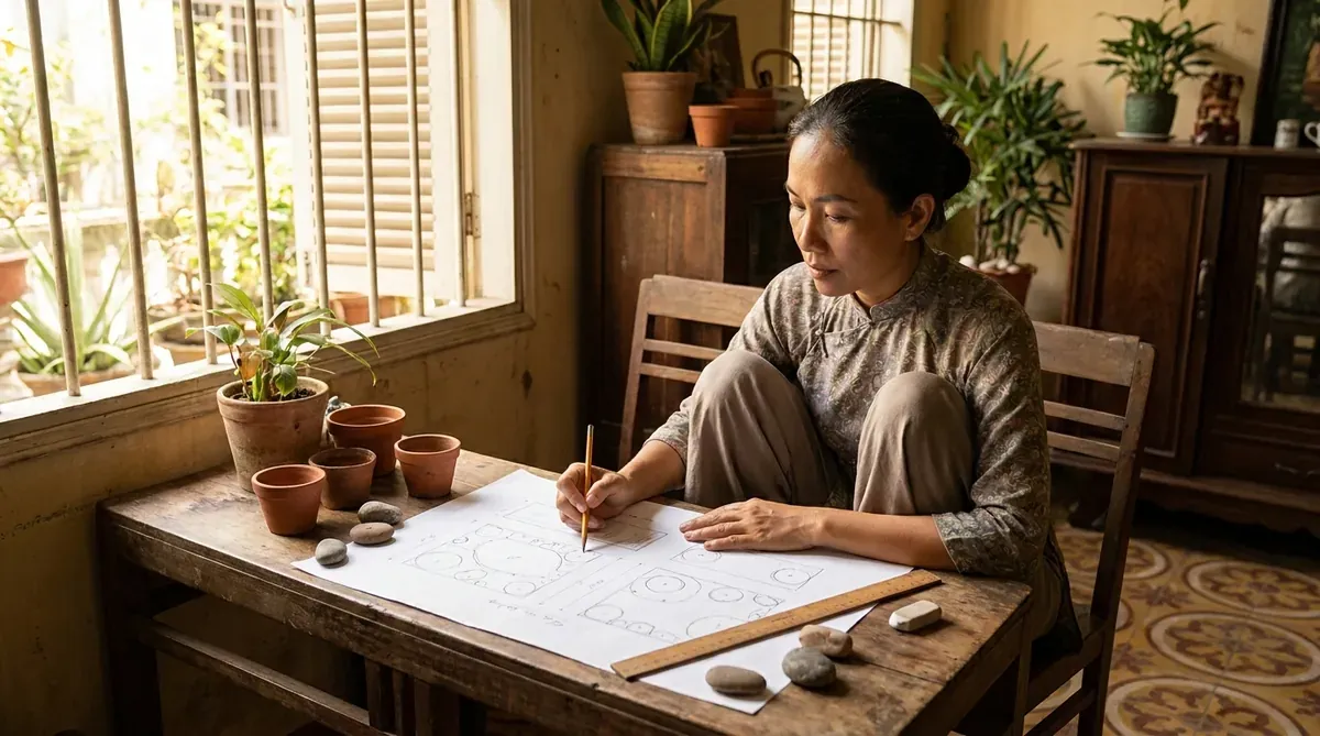 Người phụ nữ Việt Nam đang phác thảo bản vẽ tiểu cảnh trên giấy