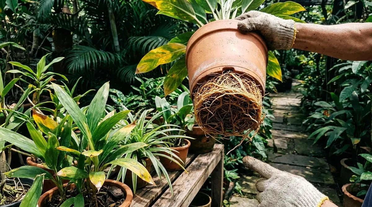 Rễ cây mọc chằng chịt trồi ra khỏi lỗ thoát nước – dấu hiệu cần thay đất