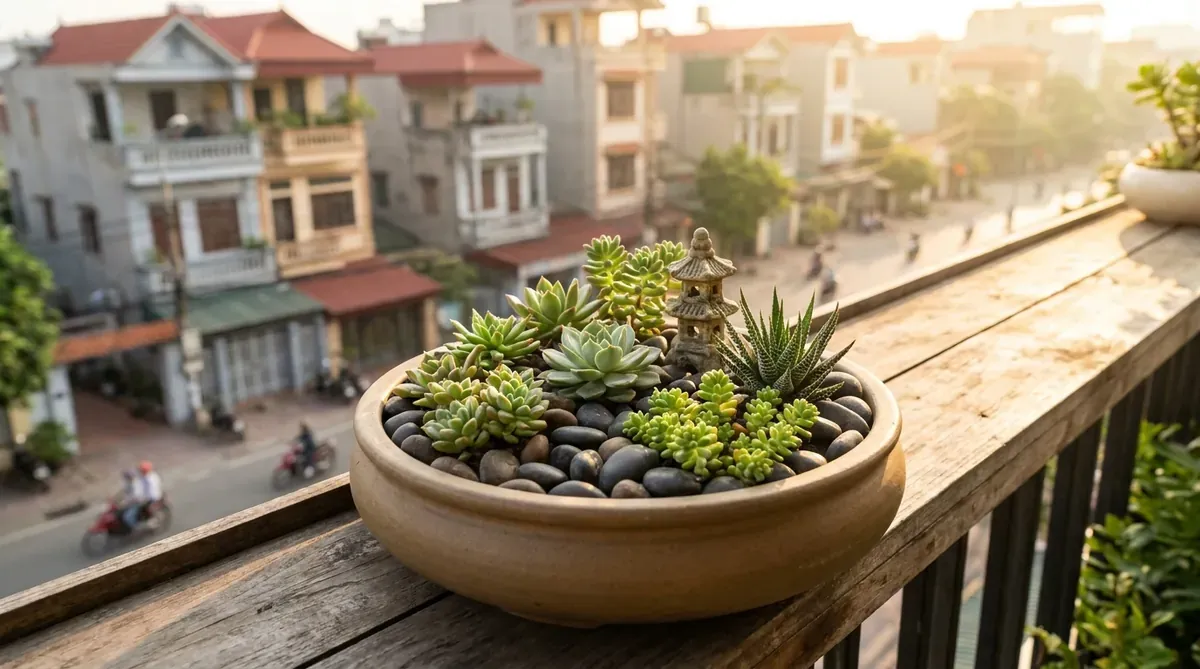 Tiểu cảnh sân vườn mini trong chậu gốm trên ban công nhìn ra phố phường Việt Nam