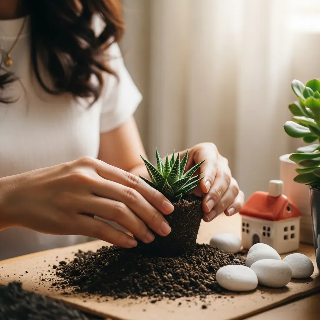 Bàn tay người phụ nữ đang trồng cây sen đá vào chậu tiểu cảnh.