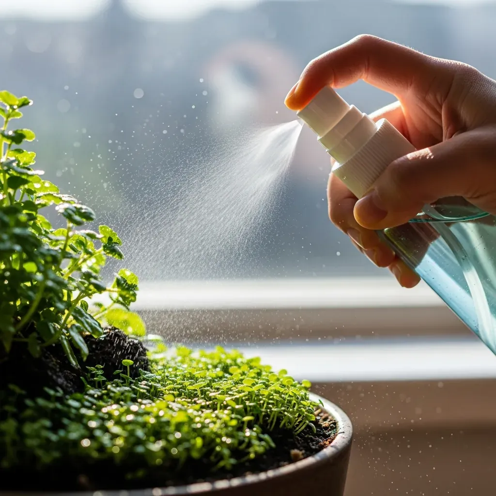 Bình xịt phun sương tưới nước lần đầu cho tiểu cảnh mới trồng.