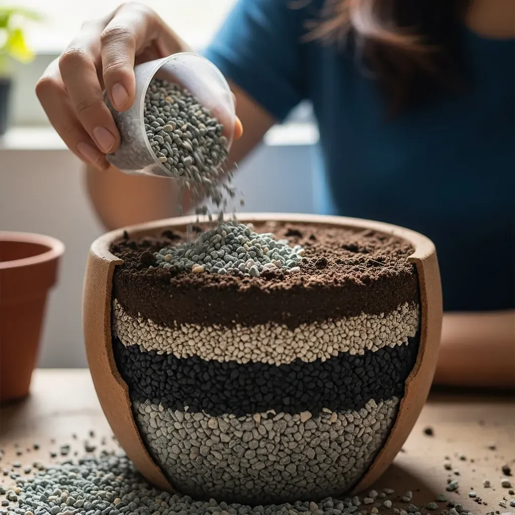 Lớp nền thoát nước trong chậu: sỏi lớn, than hoạt tính, người đang đổ thêm sỏi.