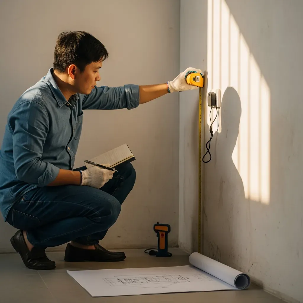 Người đàn ông Việt đo đạc và kiểm tra chống thấm góc chết trong nhà.