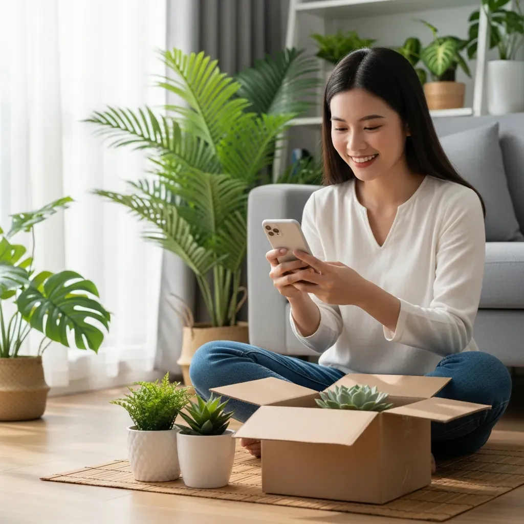 Người phụ nữ Việt mua cây cảnh online qua điện thoại, với cây nhỏ bên cạnh.