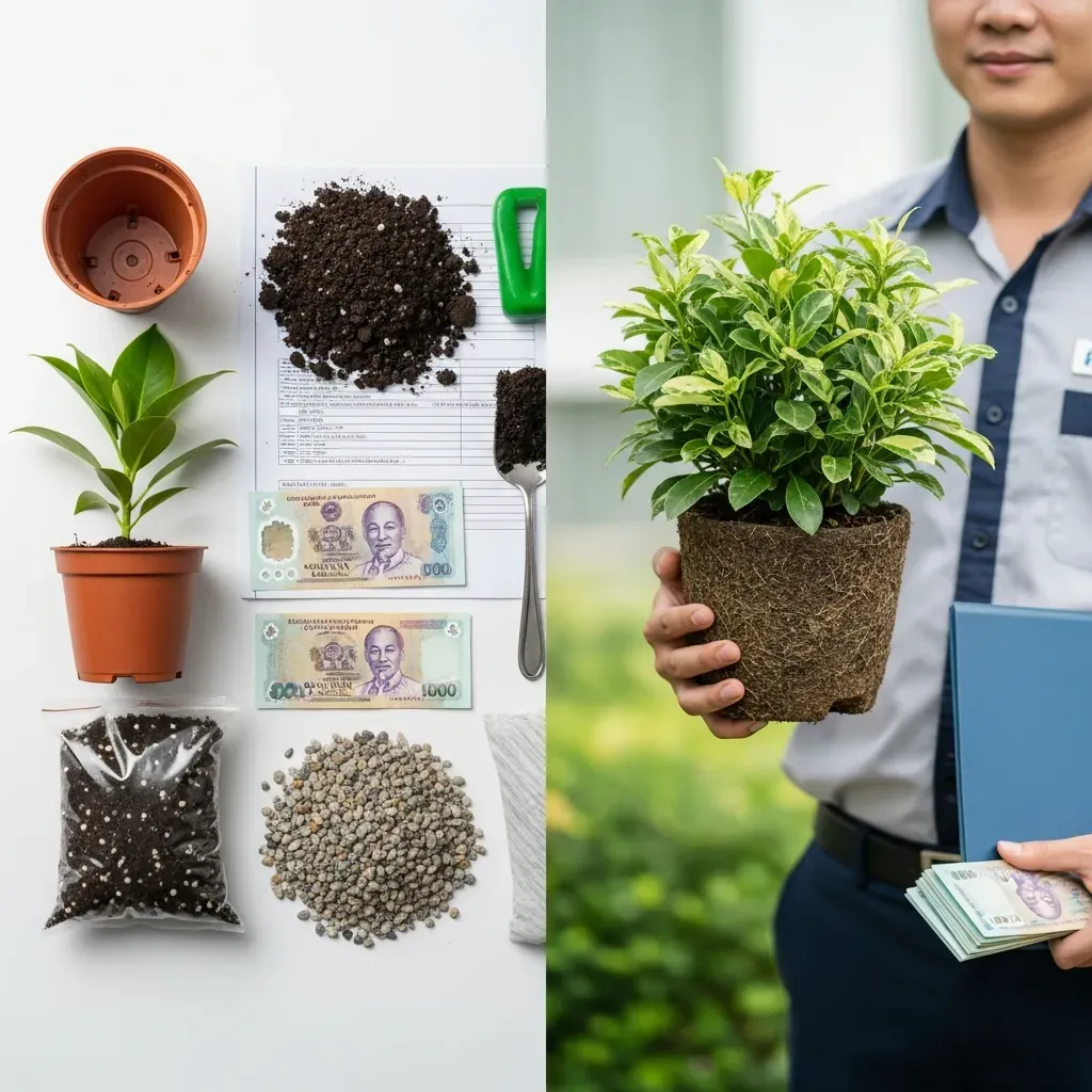 So sánh chi phí tự làm tiểu cảnh (trái) và thuê chuyên nghiệp (phải).