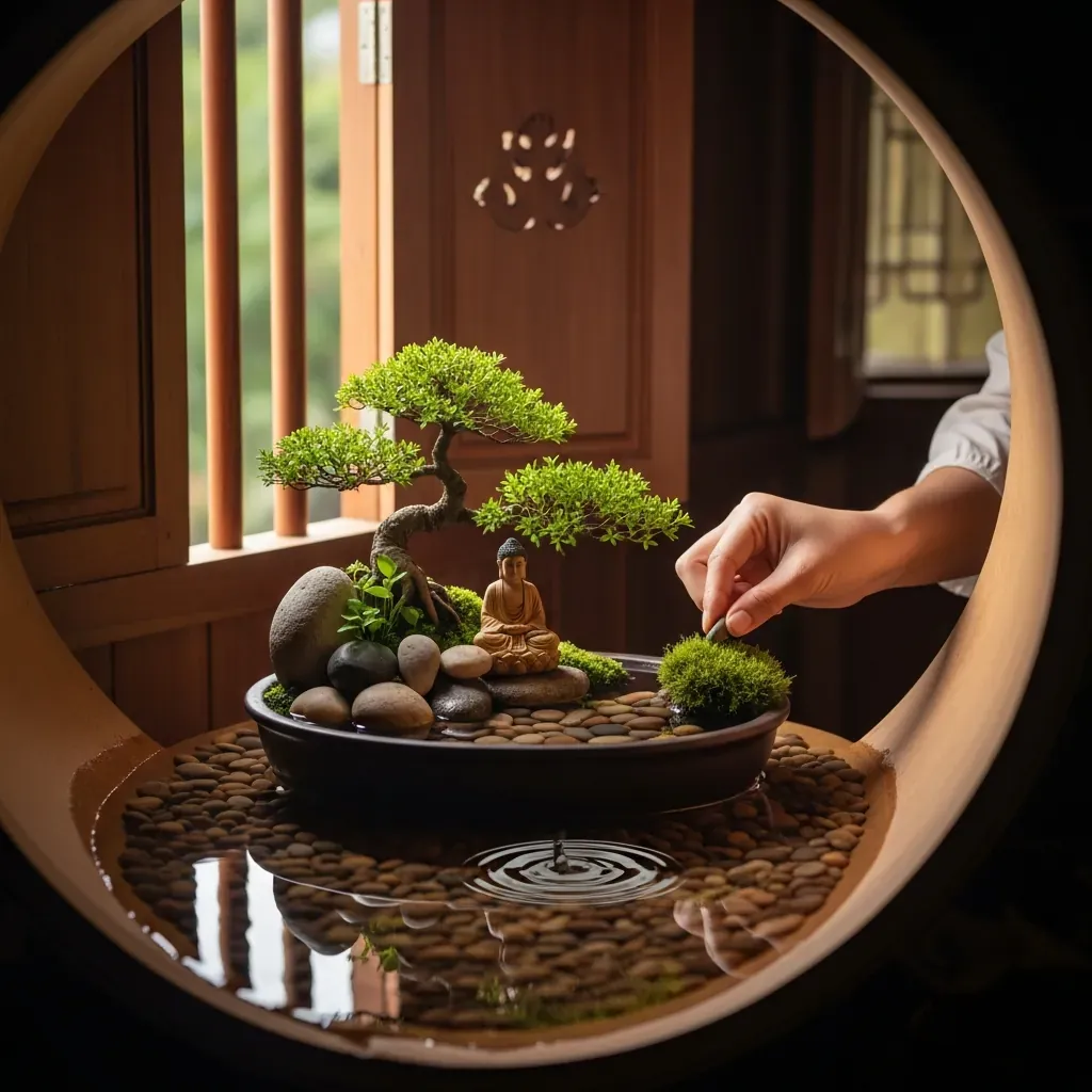 Tiểu cảnh trong nhà với cây bonsai nhỏ, đá cuội, tượng Phật và mặt nước gợn sóng.