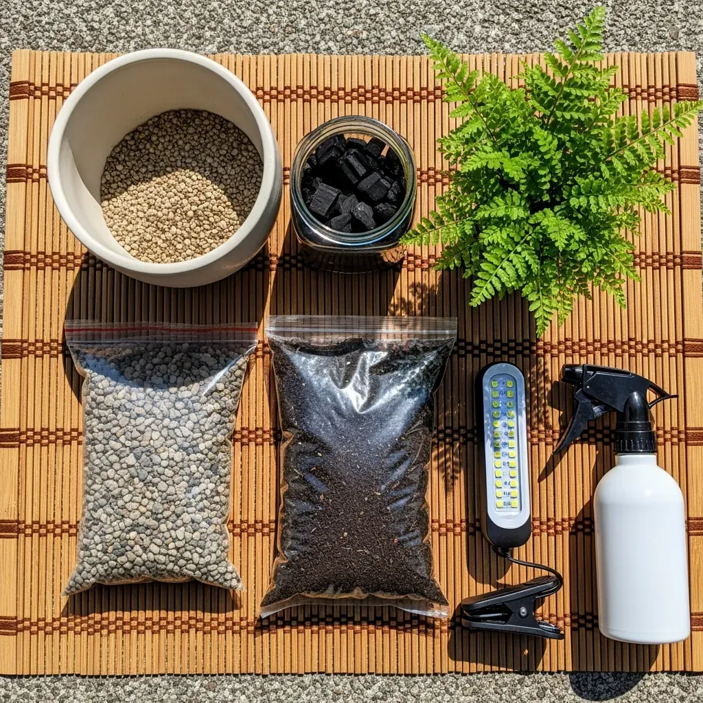 Vật liệu làm tiểu cảnh mini: chậu, sỏi, than hoạt tính, đất, cây, đèn LED và bình xịt.