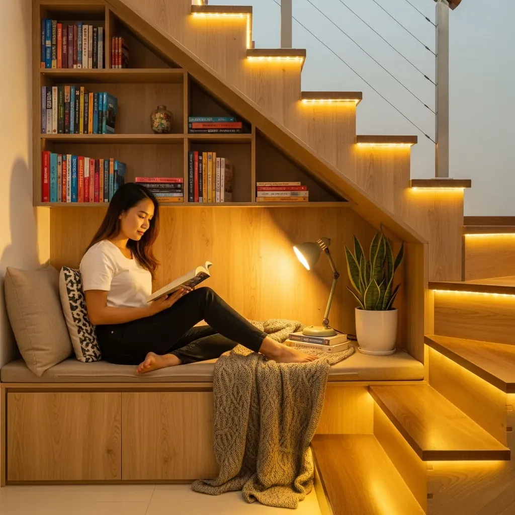 Góc đọc sách ấm cúng dưới gầm cầu thang, cô gái Việt Nam ngồi trên bục nệm, kệ sách ốp theo độ dốc, ánh đèn vàng ấm áp.
