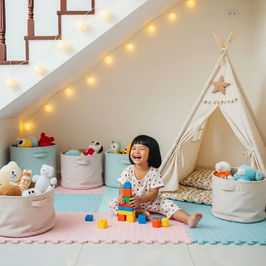 Góc vui chơi dưới gầm cầu thang cho trẻ em, thảm xốp màu sắc, lều nhỏ, đồ chơi, bé gái Việt đang xếp gạch.