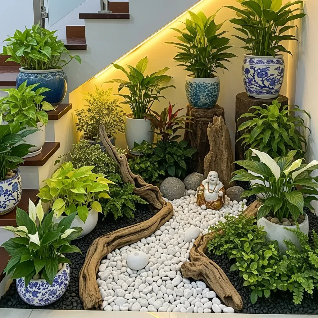 Tiểu cảnh khô dưới gầm cầu thang bài trí hợp phong thủy, sỏi trắng, cây xanh, tượng phật nhỏ, đèn vàng ấm cúng, không có nước.