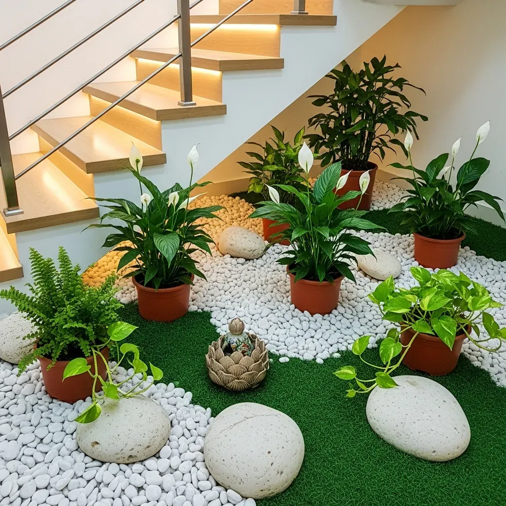 Tiểu cảnh khô dưới gầm cầu thang với sỏi trắng, đá cuội, cây dương xỉ và tượng gốm, đèn LED vàng chiếu sáng.