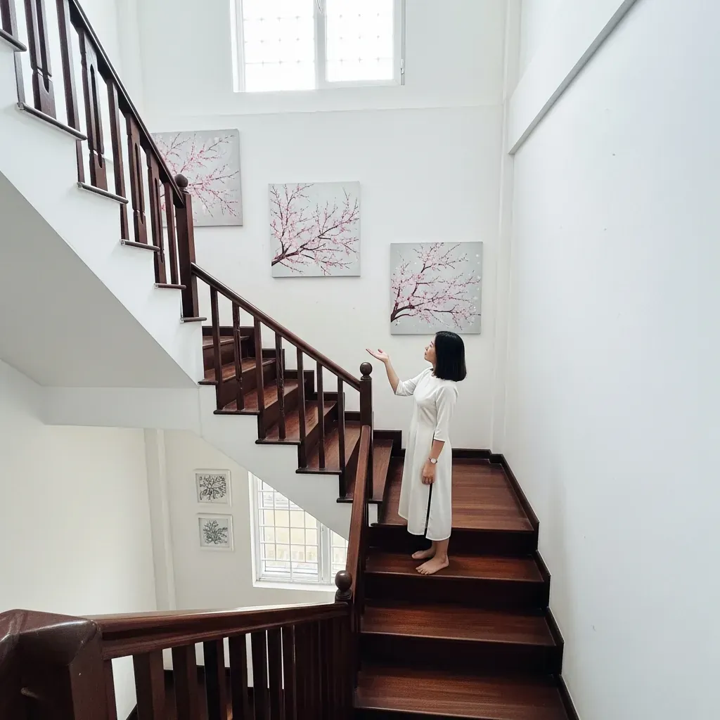 Cầu thang nhà ống hẹp với bộ ba tranh hoa anh đào cỡ 40x60cm, tạo cảm giác cân đối.