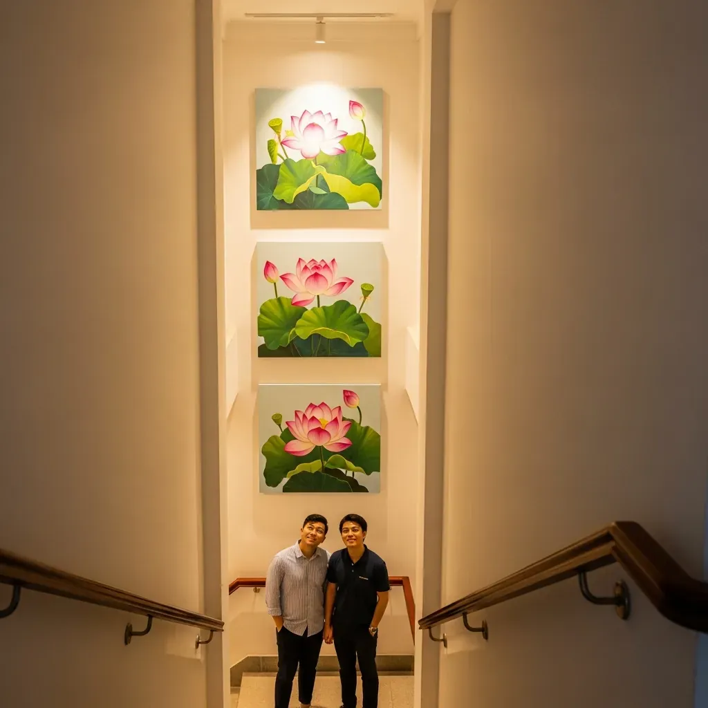Cầu thang nhà ống ở Quận 8 với bộ 3 tranh canvas hoa sen, cặp vợ chồng trẻ ngắm nhìn.